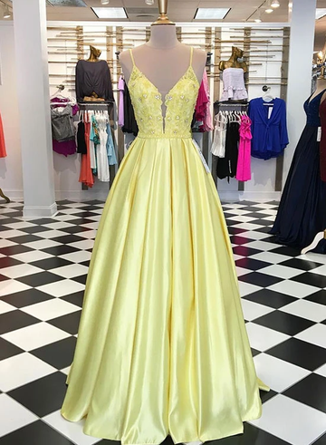 Yellow v neck lace applique long prom dress, yellow evening dress HZ1023